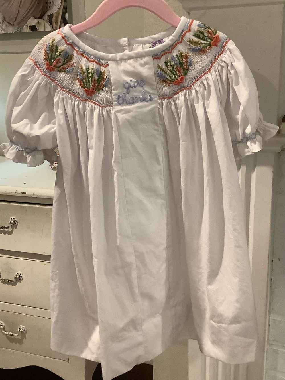 Thanksgiving White Smocked Floral Yoke Girls Dress with Puff Sleeves